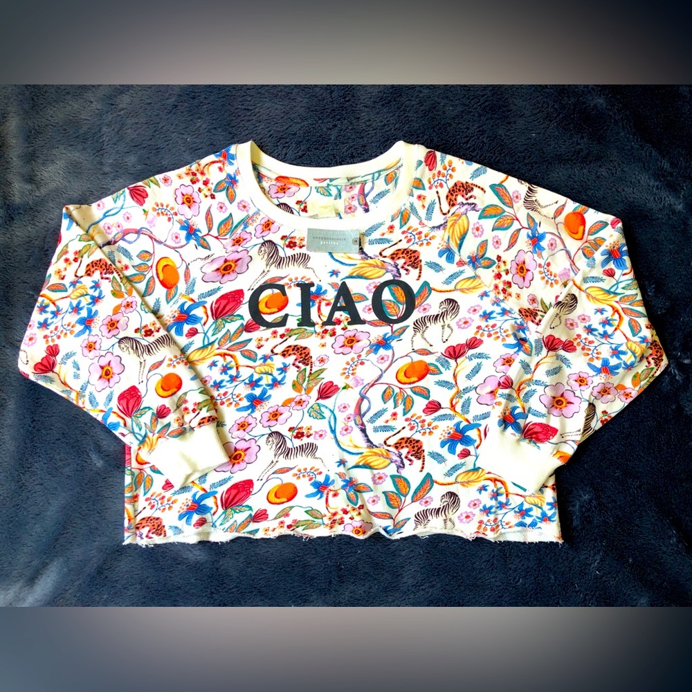 Anthropologie Maeve NWT Ciao Floral Zebra Cropped Sweatshirt